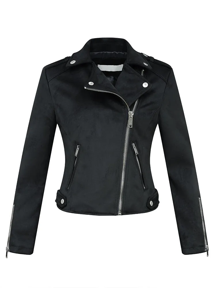 Synthetic Leather Streetwear Moto Biker Zipper Lapel Jackets for Women