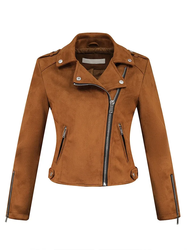 Synthetic Leather Streetwear Moto Biker Zipper Lapel Jackets for Women