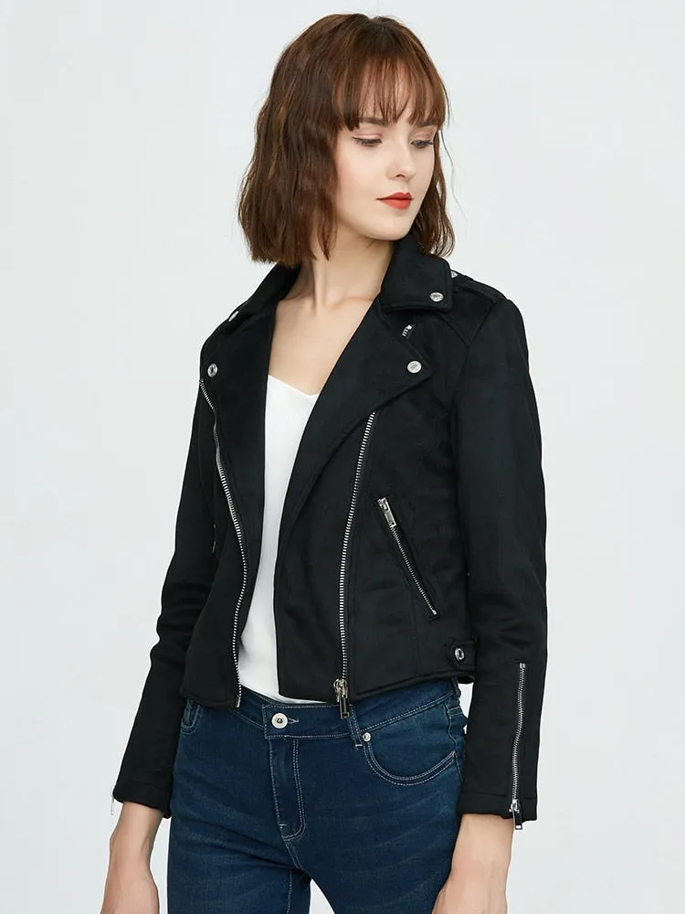 Synthetic Leather Streetwear Moto Biker Zipper Lapel Jackets for Women