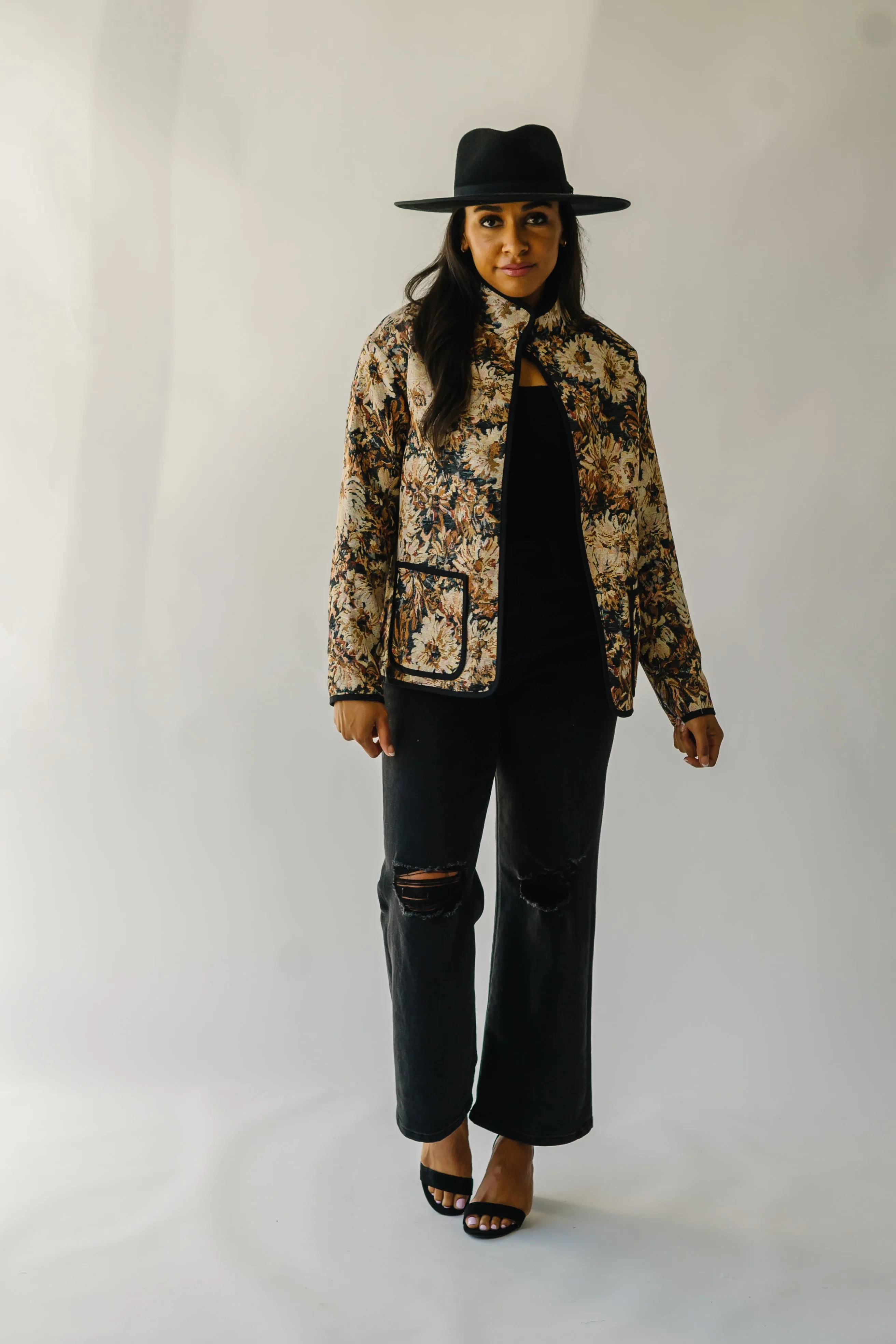 The Ellenton Floral Tapestry Jacket in Black + Natural