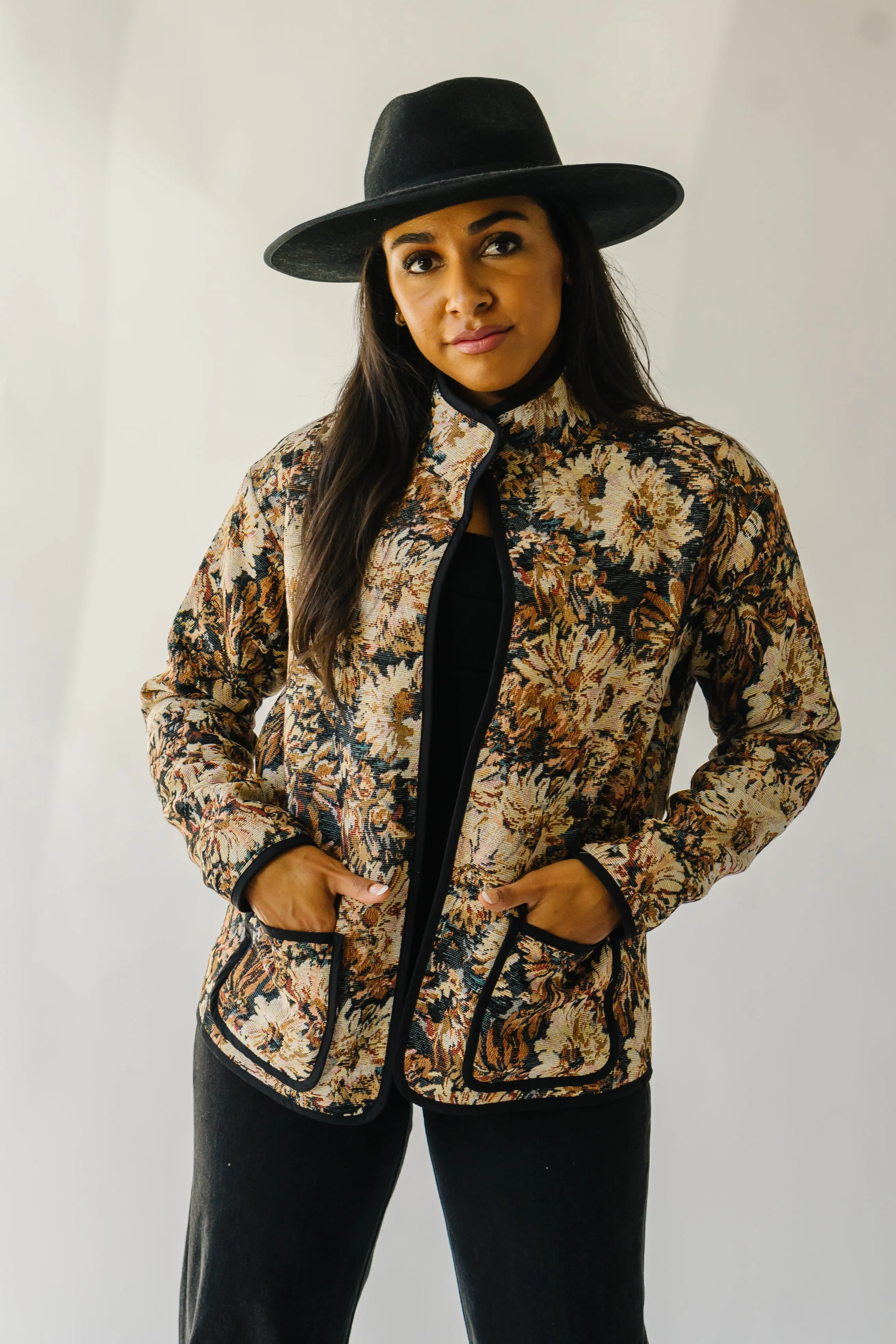 The Ellenton Floral Tapestry Jacket in Black + Natural