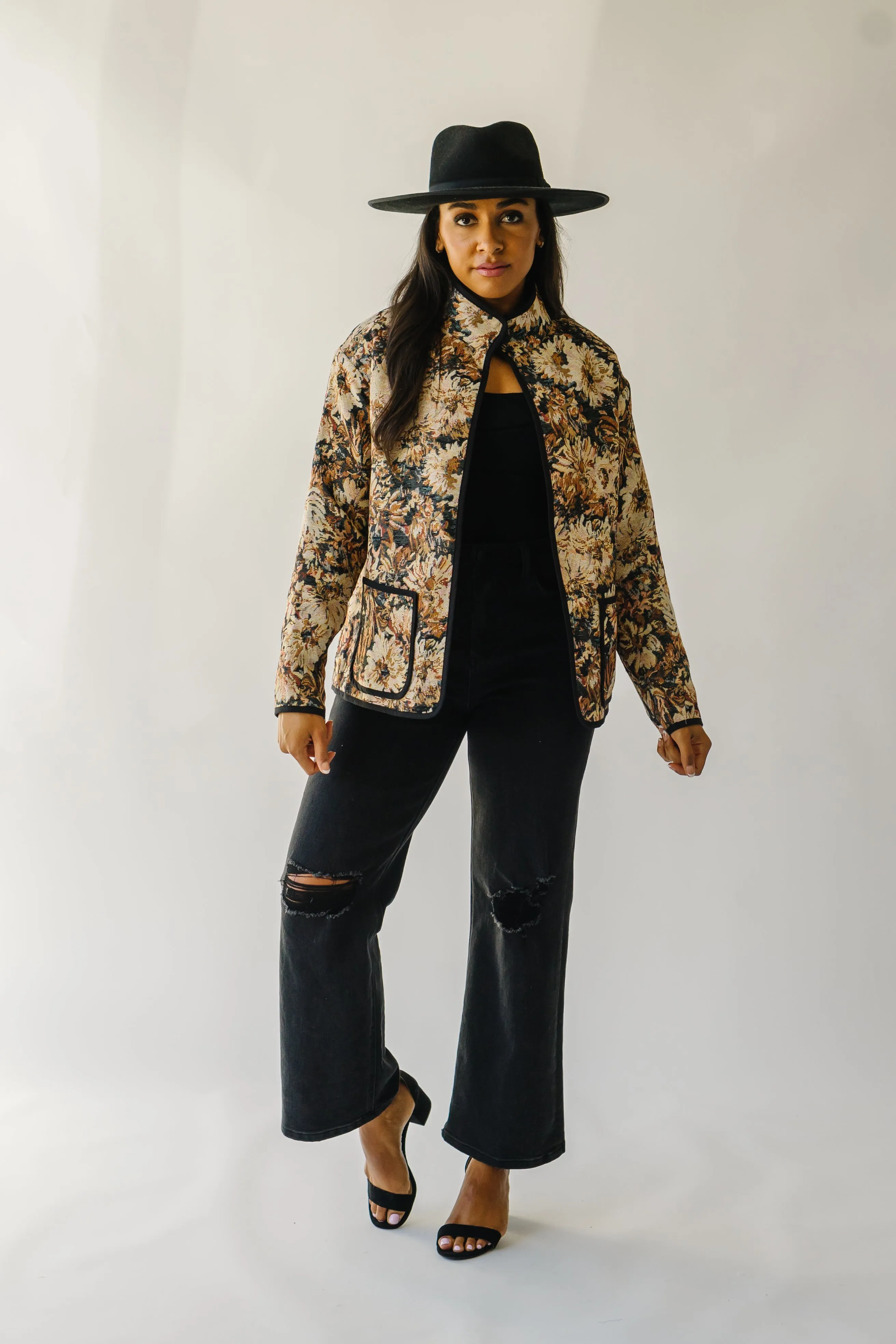 The Ellenton Floral Tapestry Jacket in Black + Natural