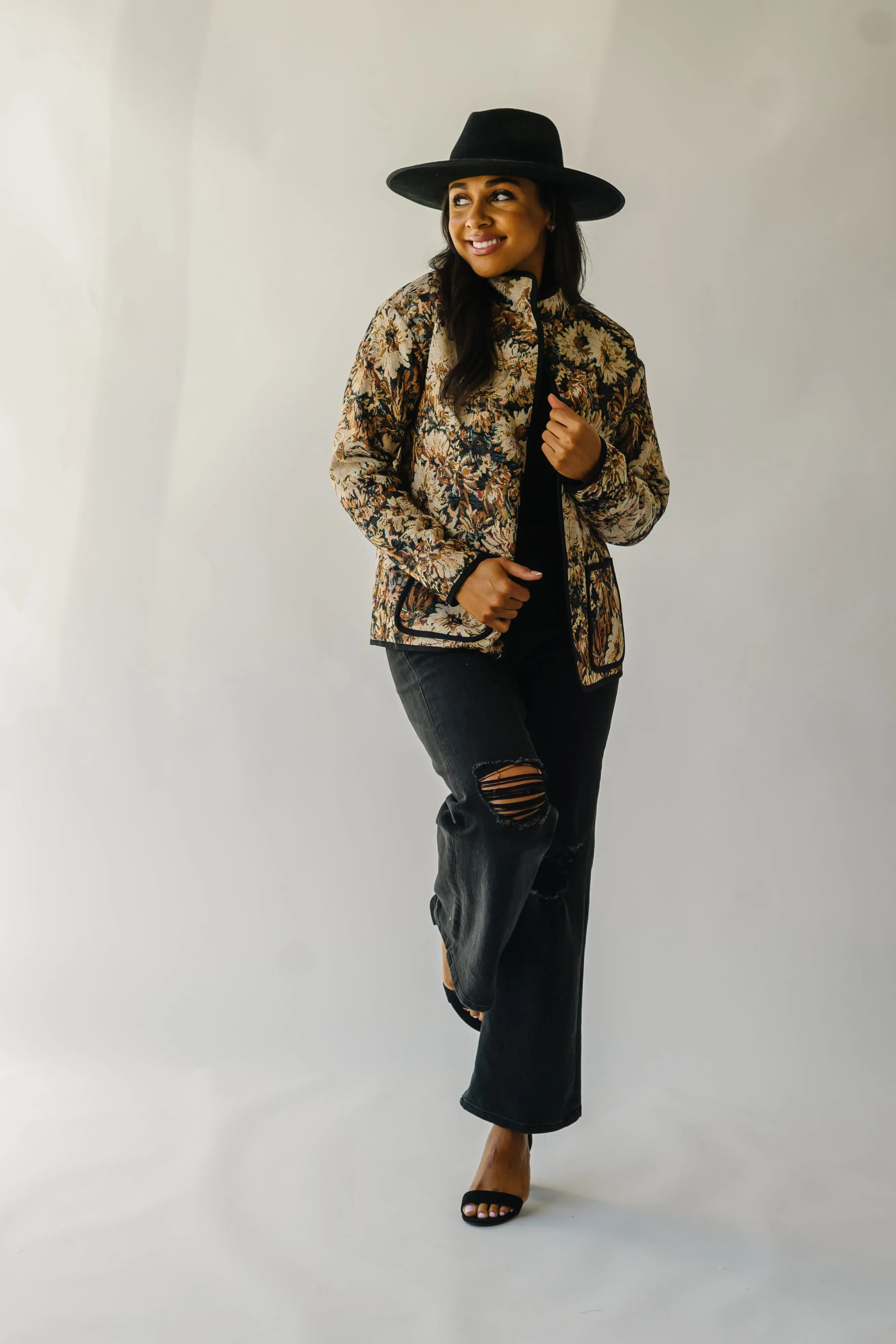 The Ellenton Floral Tapestry Jacket in Black + Natural