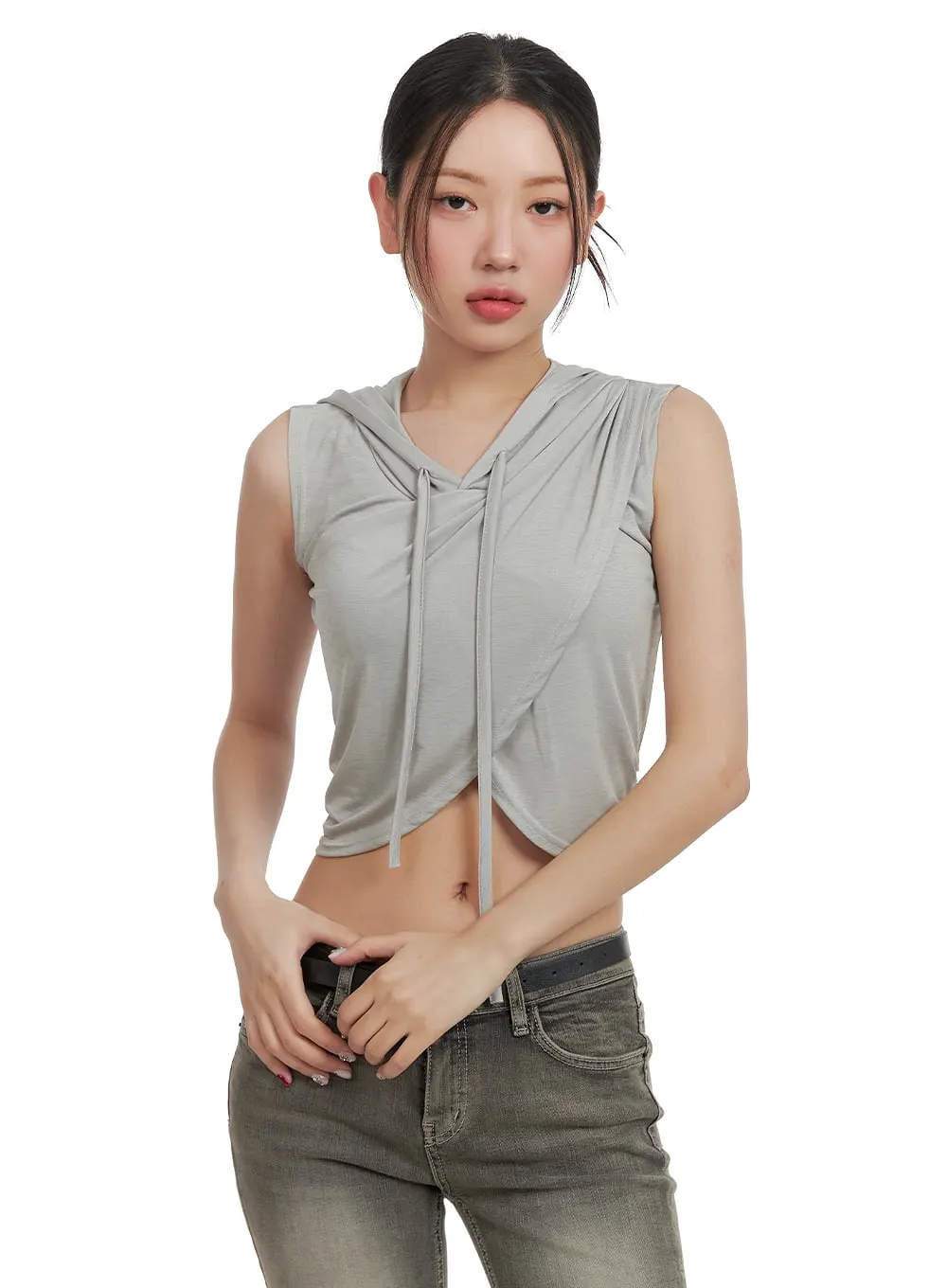 Unbalanced Wrap Sleeveless Cropped Hoodie CA416