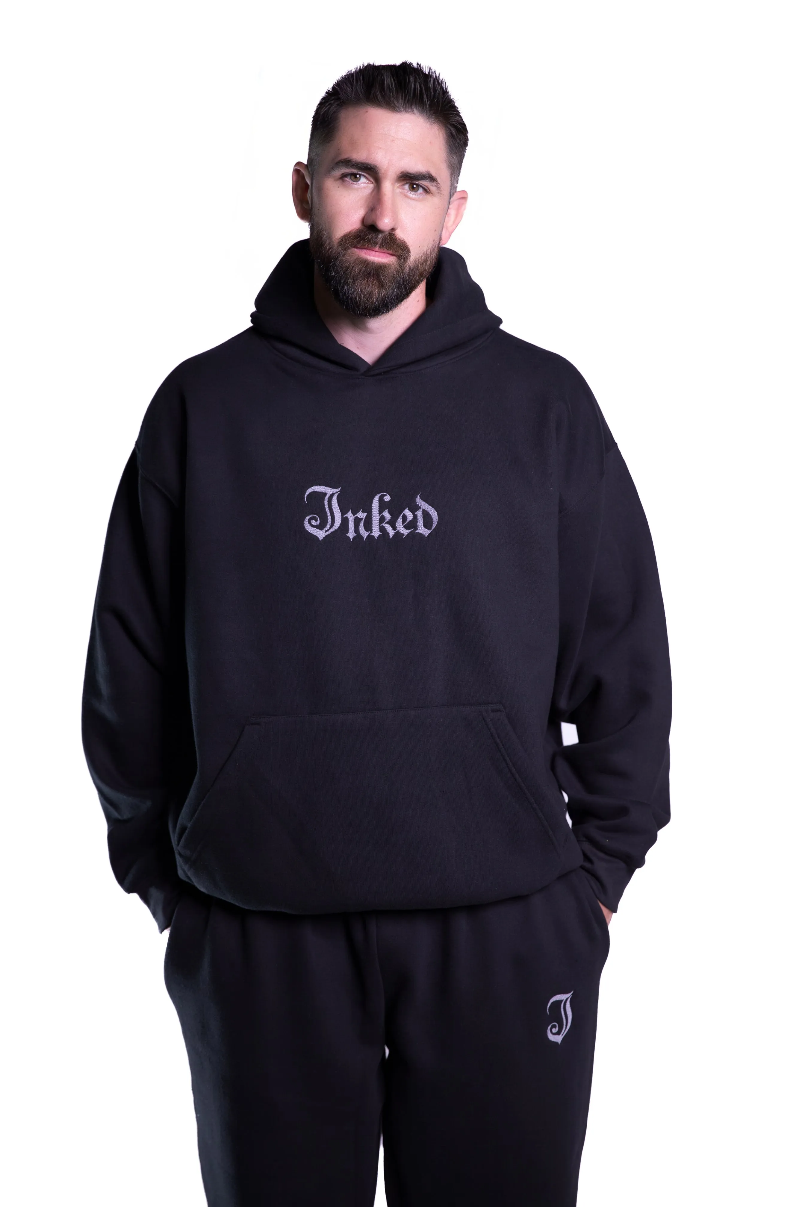 Unisex Inked Logo Embroidered Hoodie - Black