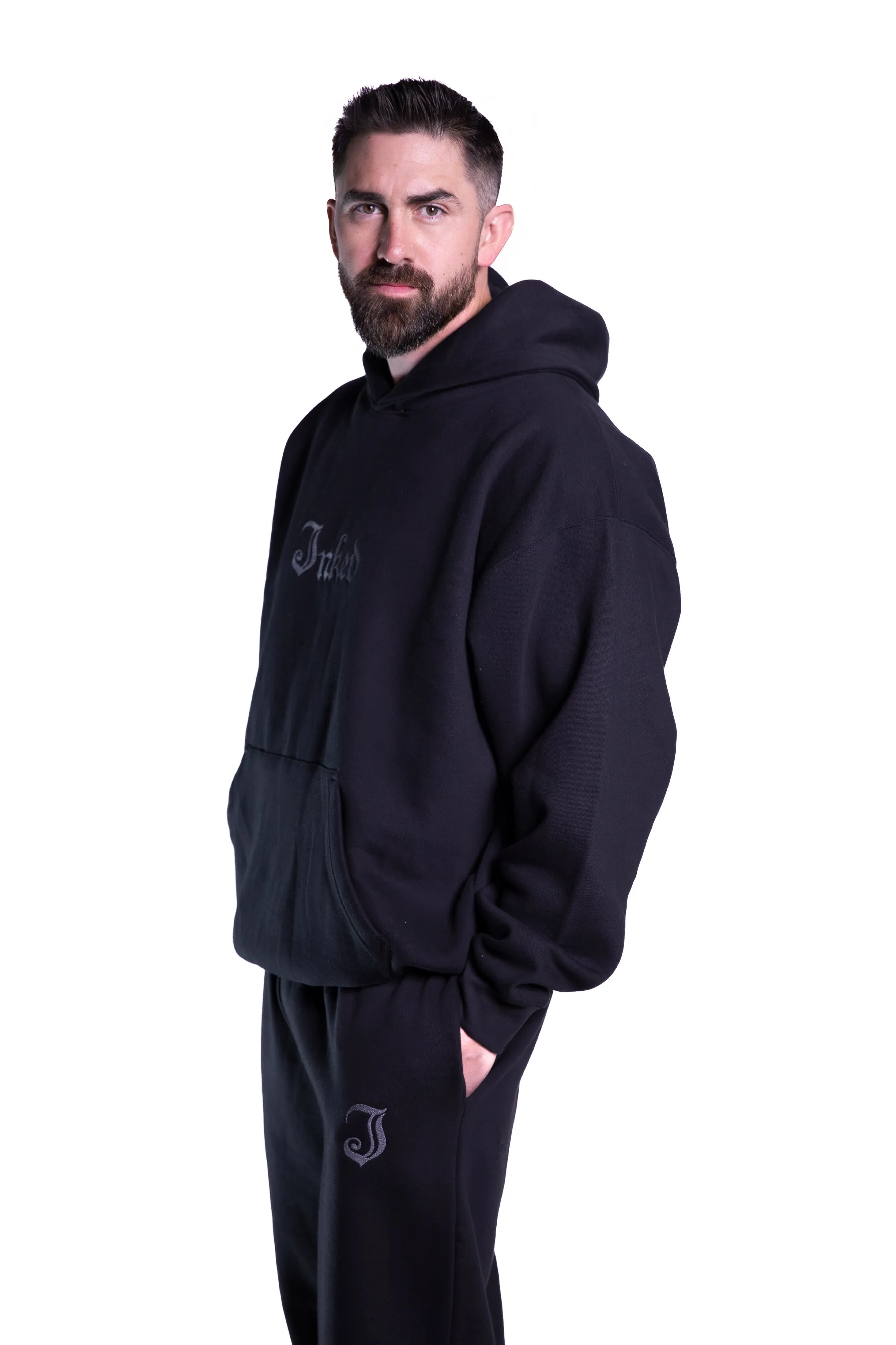 Unisex Inked Logo Embroidered Hoodie - Black