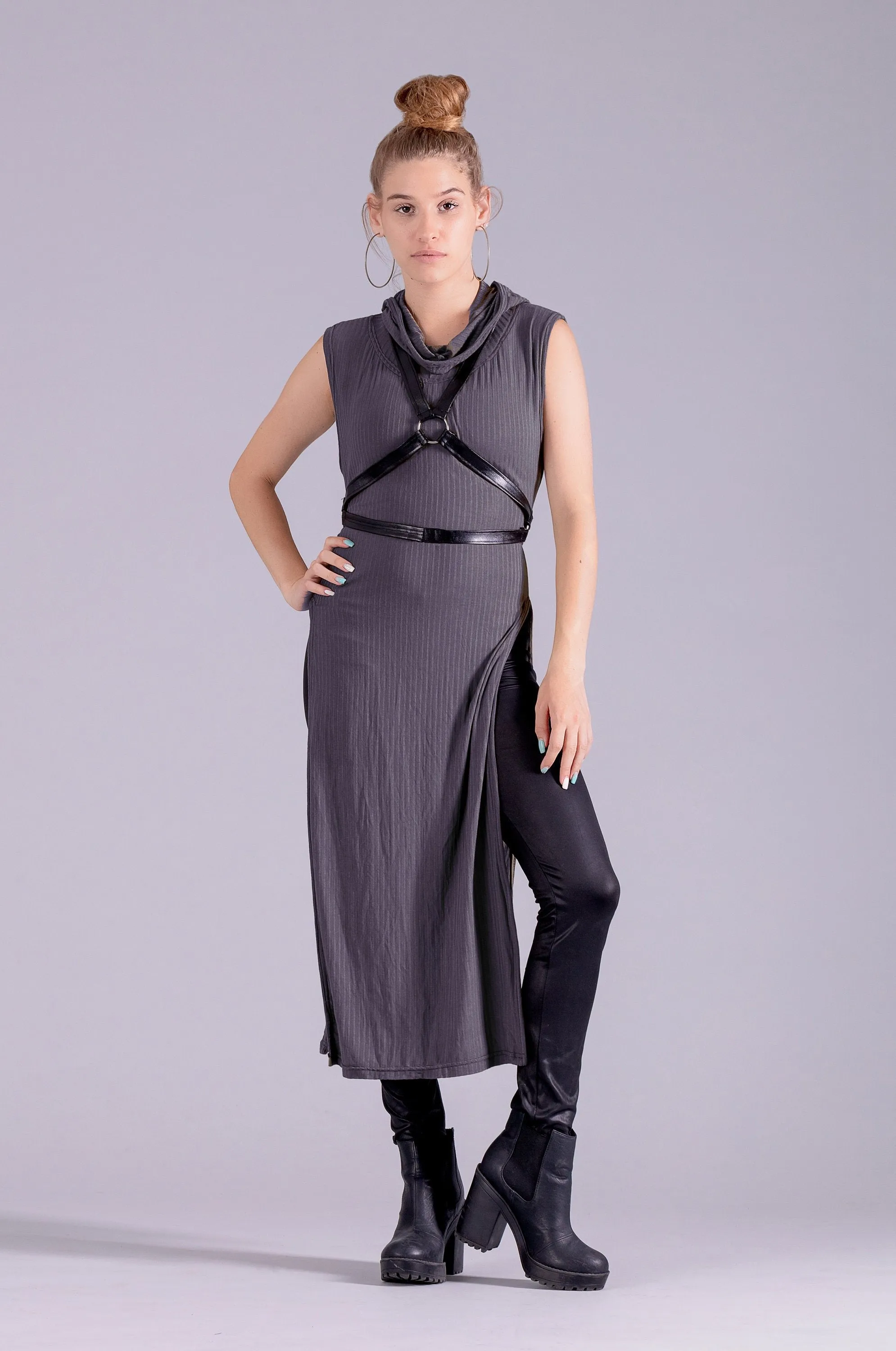 Warrior post apocalyptic hooded tunic dress | Black