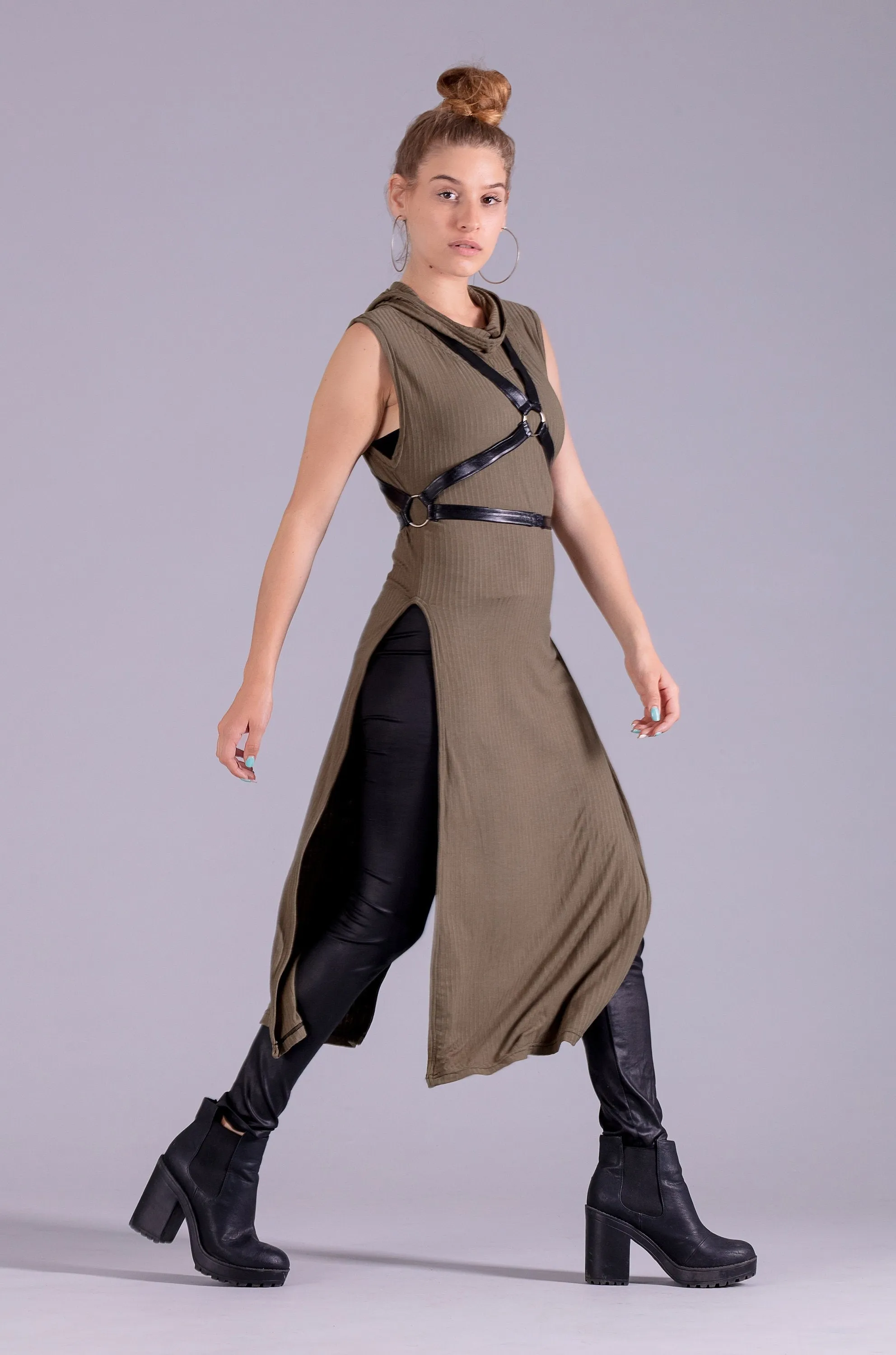 Warrior post apocalyptic hooded tunic dress | Black