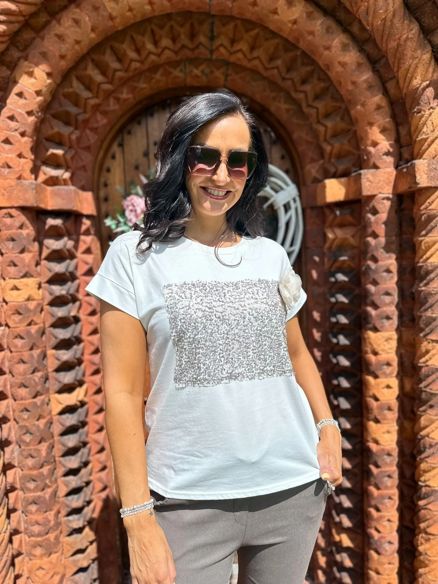 White Sequin Patterned Tee Krissy