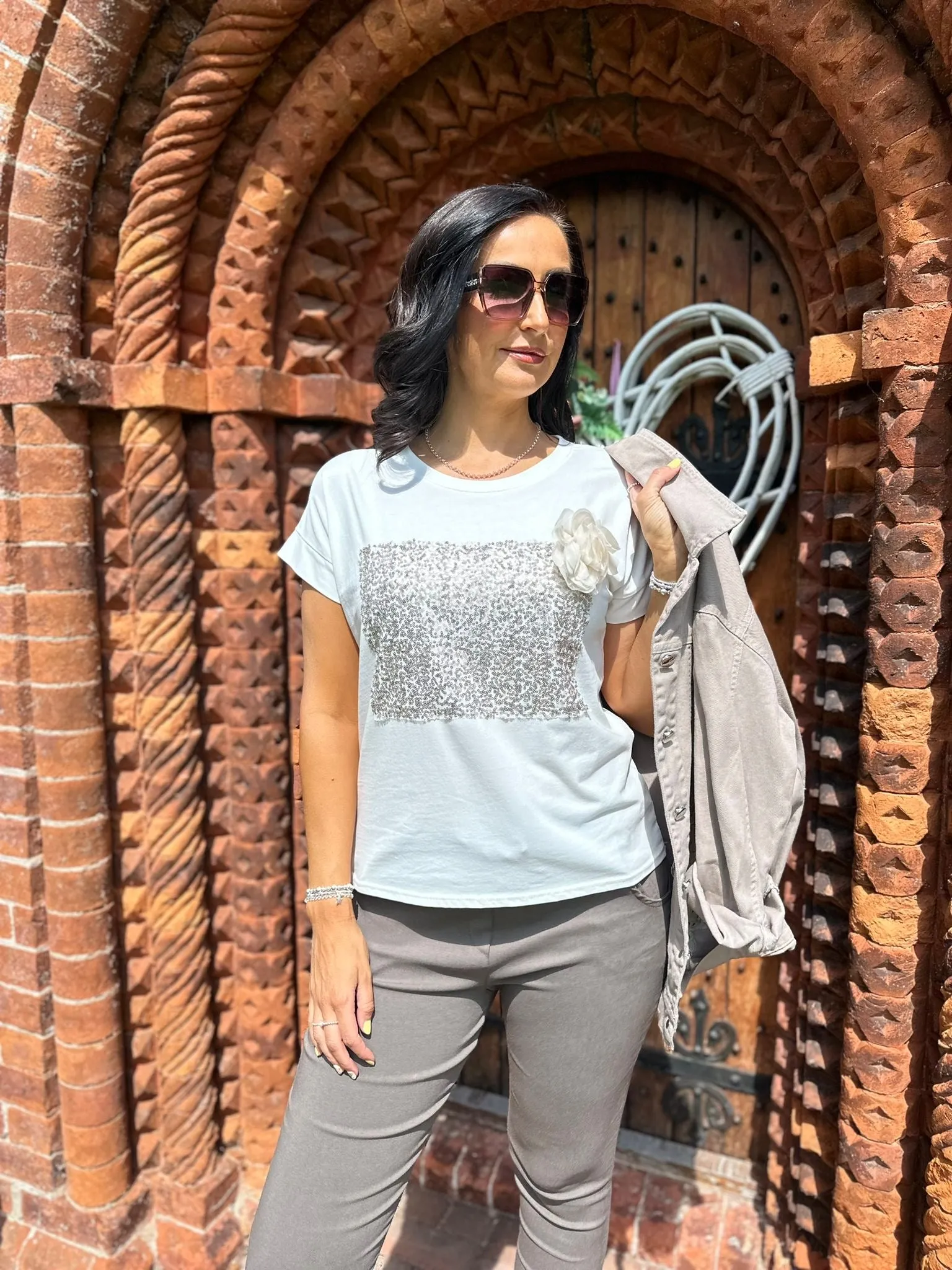 White Sequin Patterned Tee Krissy