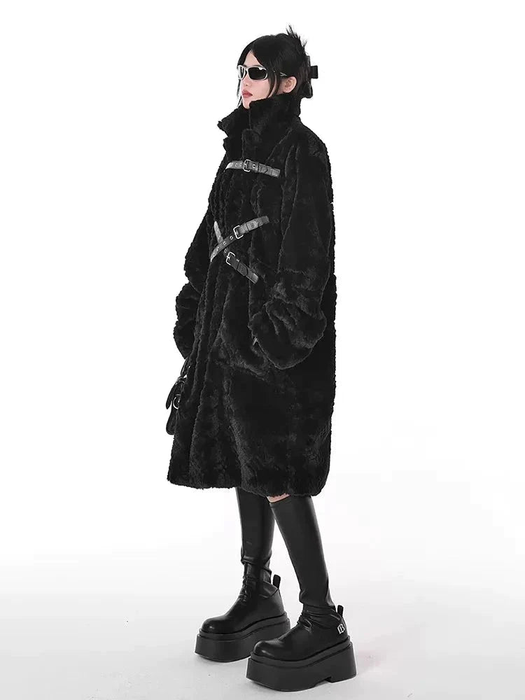 Winter Cool Black Fuzzy Faux Fur Coat Women Stand Collar Punk Style Fluffy Jacket 2023