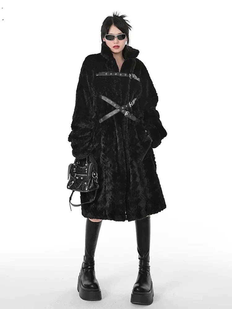 Winter Cool Black Fuzzy Faux Fur Coat Women Stand Collar Punk Style Fluffy Jacket 2023