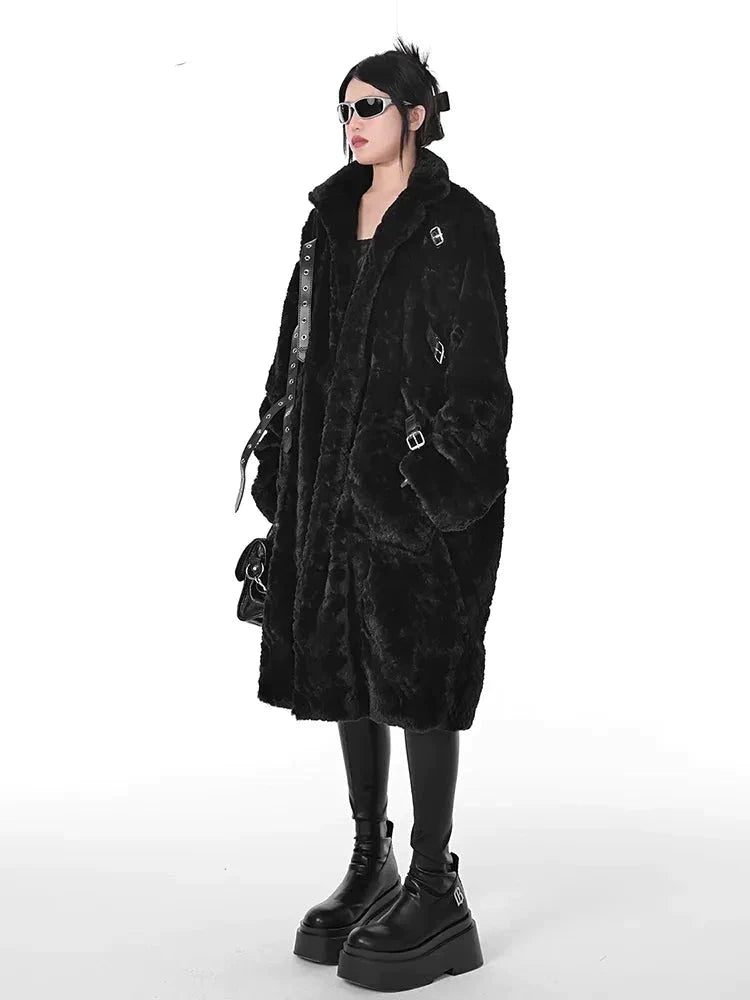 Winter Cool Black Fuzzy Faux Fur Coat Women Stand Collar Punk Style Fluffy Jacket 2023