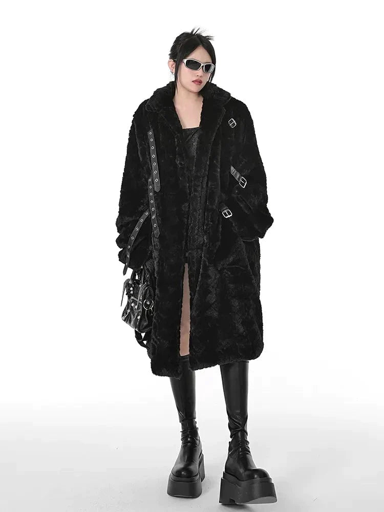 Winter Cool Black Fuzzy Faux Fur Coat Women Stand Collar Punk Style Fluffy Jacket 2023