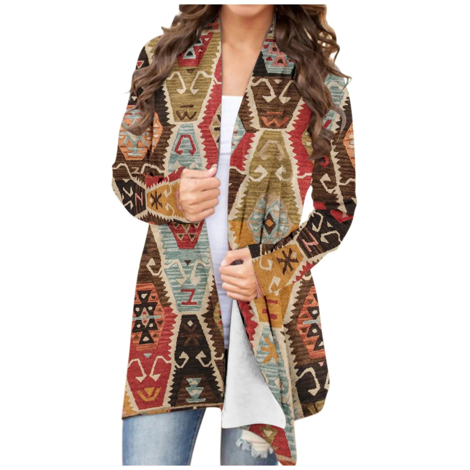 Women‘s Cardigan Fashionable Geometric southwest Print Western Jacket Long Sleeve Coat Female Autumn Winter Plus Size Clothes