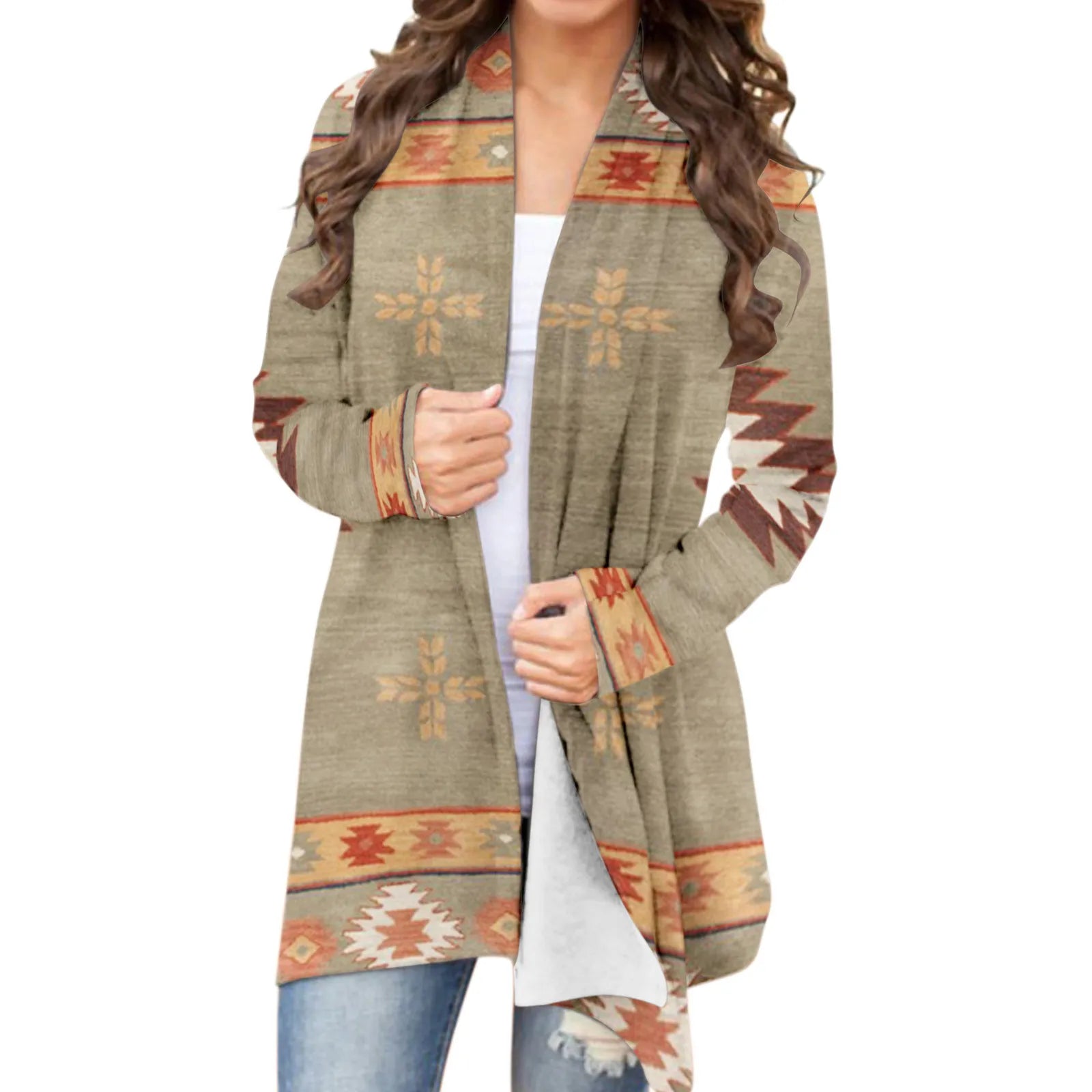 Women‘s Cardigan Fashionable Geometric southwest Print Western Jacket Long Sleeve Coat Female Autumn Winter Plus Size Clothes