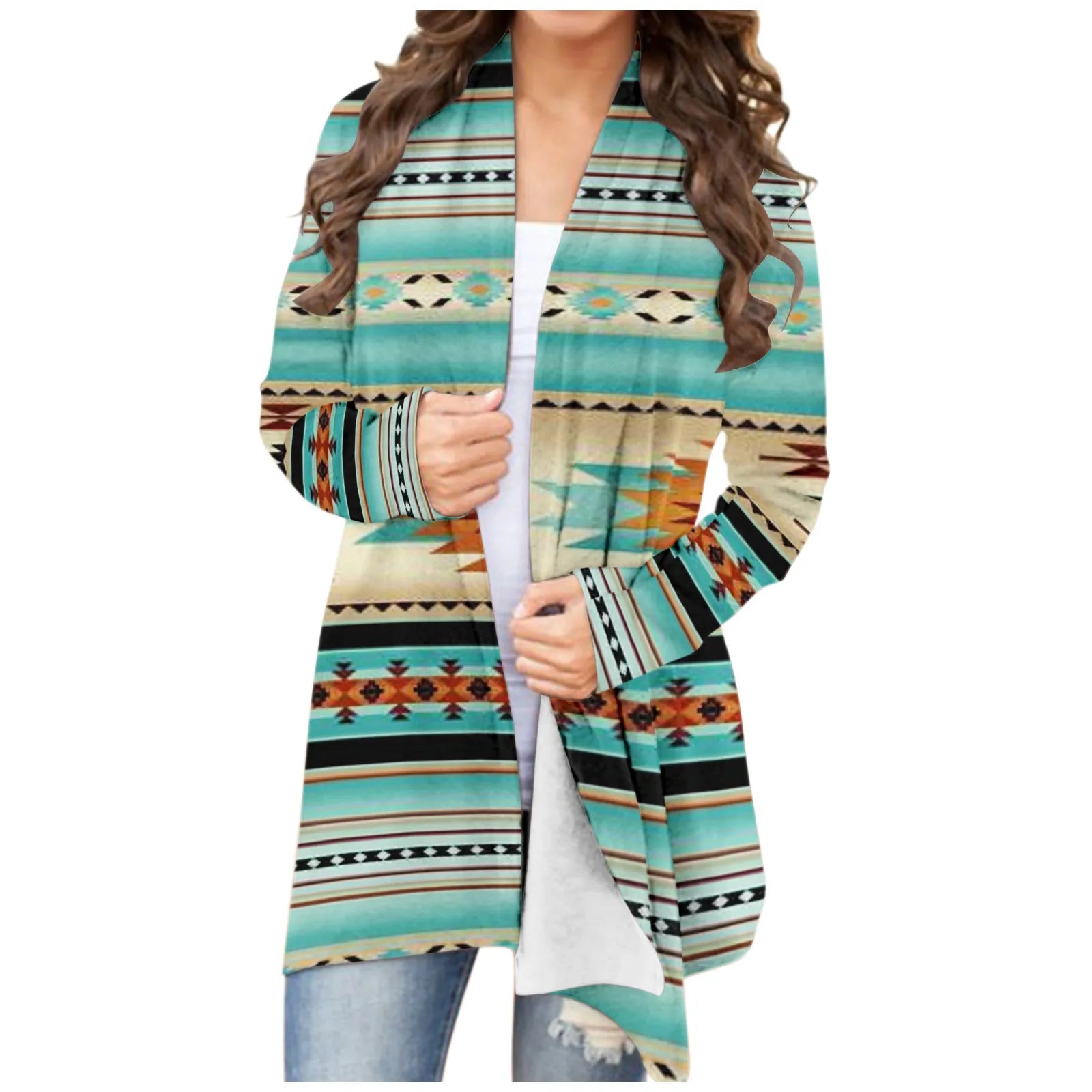 Women‘s Cardigan Fashionable Geometric southwest Print Western Jacket Long Sleeve Coat Female Autumn Winter Plus Size Clothes