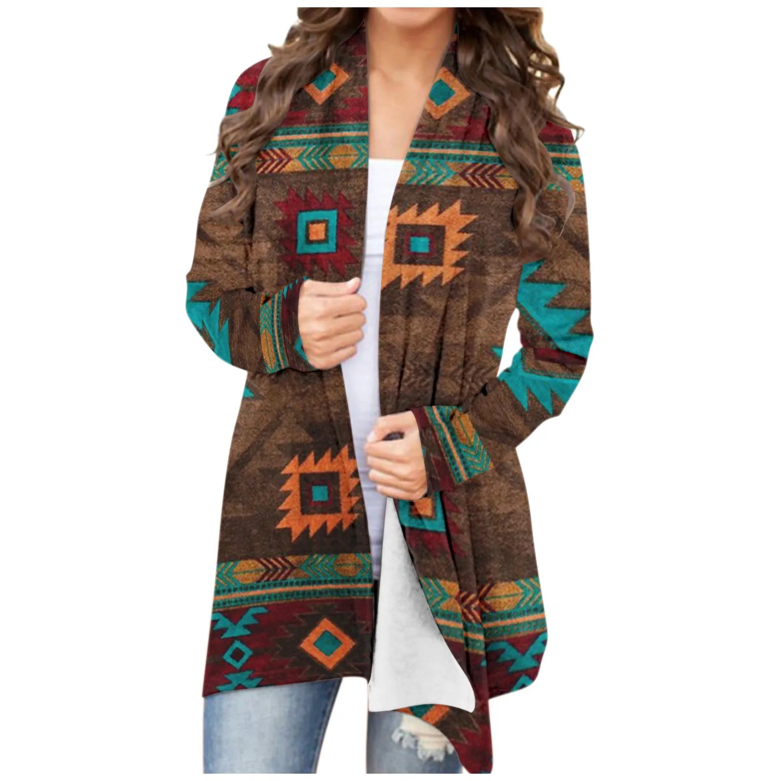 Women‘s Cardigan Fashionable Geometric southwest Print Western Jacket Long Sleeve Coat Female Autumn Winter Plus Size Clothes